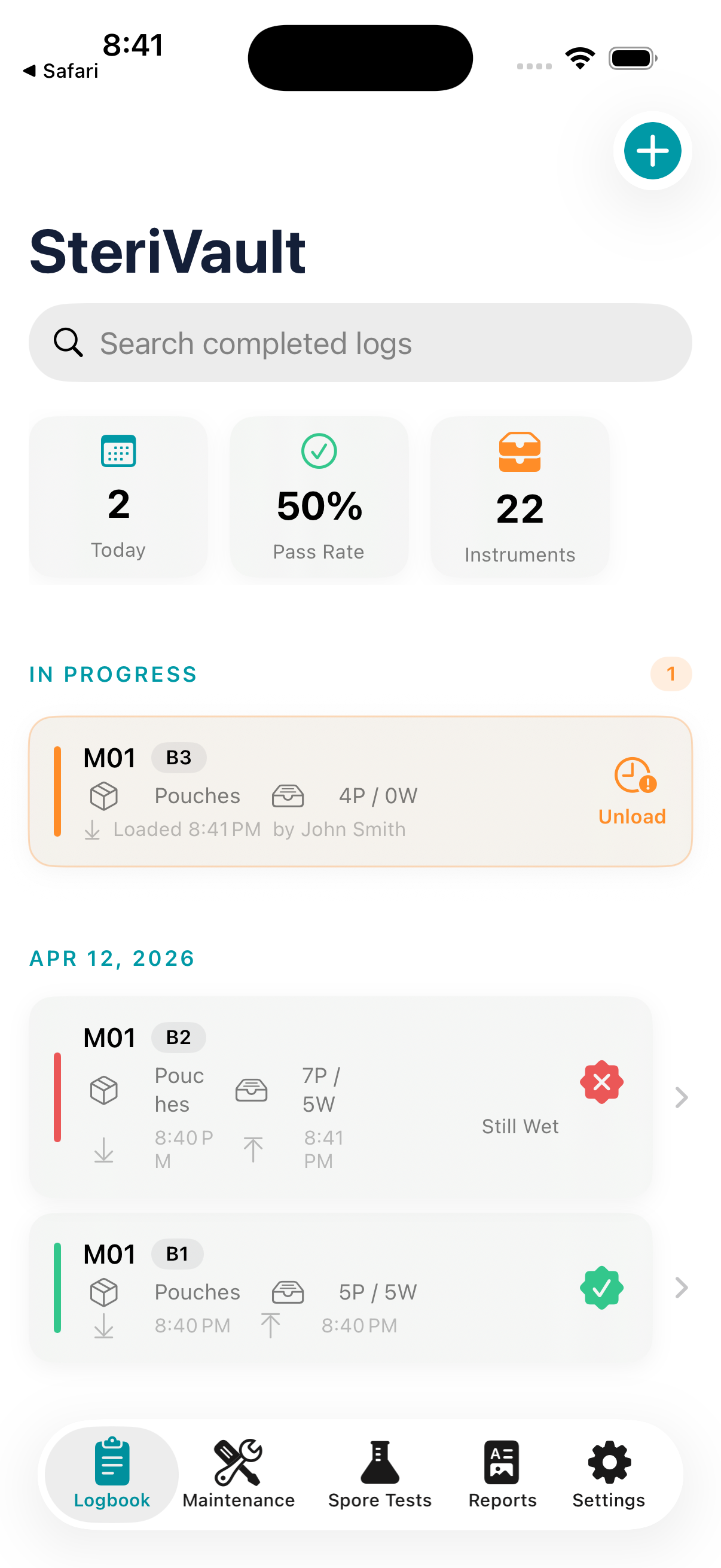 SteriVault logbook view